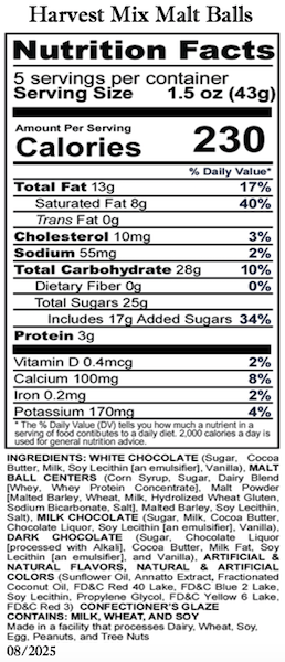 Fall Harvest Mix Malt Ball Nutrition and Ingredients