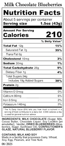 Milk Chocolate Blueberries 8oz Nutrition and Ingredients
