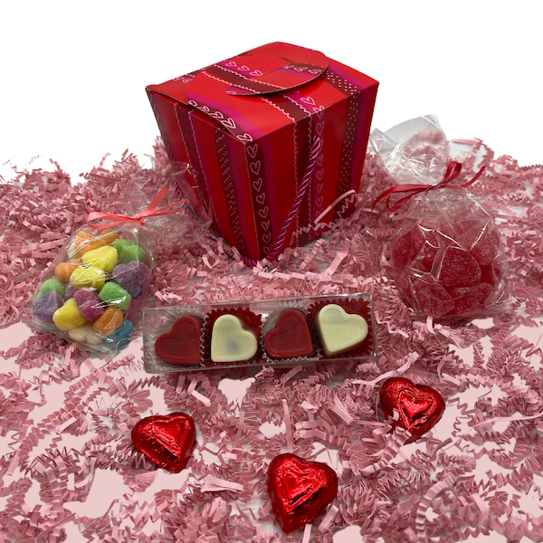 red valentine's chocolate assortment and gummy box